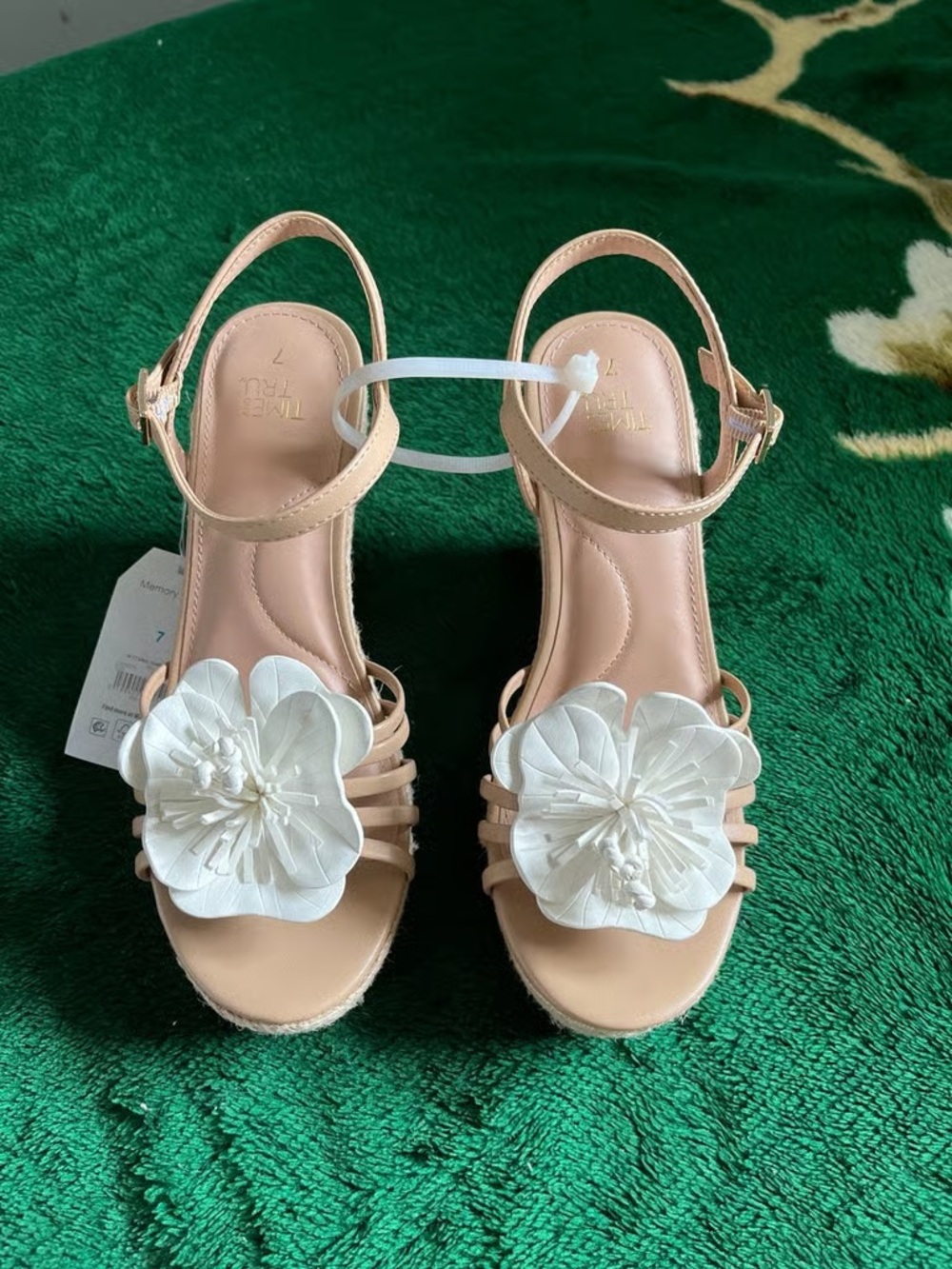 Time and Tru Nude Wedge Sandals with White Flower Accent